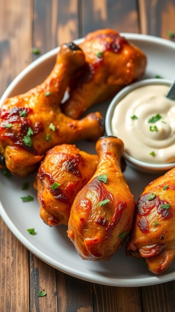 Oven-baked chicken drumsticks served on a plate with herbs and dipping sauce.